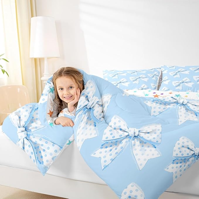 Erosebridal Blue Cartoon Bowknot King Bedding Set For Girls,Cute Kawaii Dot Bow Comforter Set Girly Coquette Princess Style Bedding Comforter Sets For Kids Teen Adults,Romantic Aesthetic Bow Tie Quilt