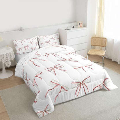 Bowknot Baseball Bedding Sets King Size,Red Lines White Bow Knot Comforter Set 3Pcs for Kids Girls Boys Women Room Decor,Baseball Sports Gaming Quilted Duvet Modern Soft Down Comforter,2 Pillowcases