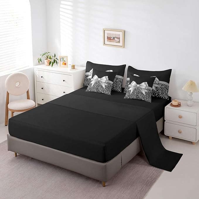 Feelyou Silver Bowknot 7 Piece Bedding Set Full Size Glitter Print Comforter Set with Sheets for Kids Girls Adult Cute Bowknot Bed in a Bag Black Silver Bed Set