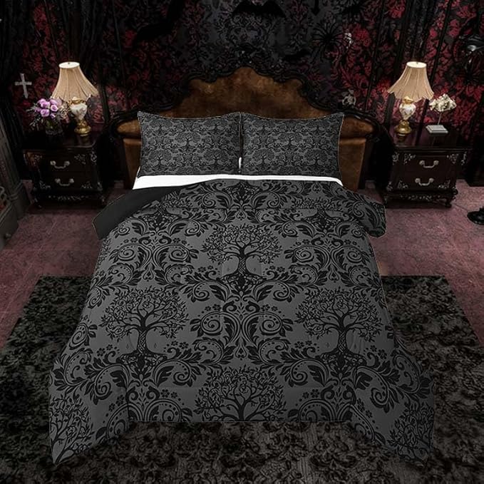 Feelyou Adults Gothic Comforter Set King Size Dark Olive Green Damask Comforter Tree of Life Bohemia Boho Bedding Set Goth Duvet Set Vintage Victorian Baroque Floral Quilt Set 3Pcs