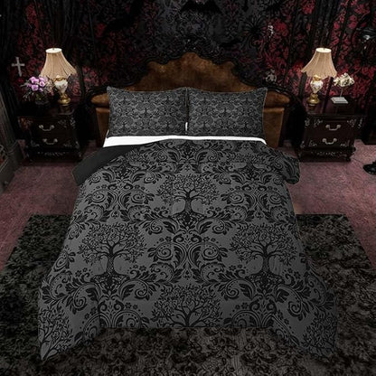 Feelyou Adults Gothic Comforter Set King Size Dark Olive Green Damask Comforter Tree of Life Bohemia Boho Bedding Set Goth Duvet Set Vintage Victorian Baroque Floral Quilt Set 3Pcs
