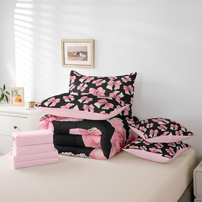 Erosebridal Black Pink Bow Girls Cute Y2K Comforter Set Queen Size 7 Pieces | Bowknot Kawaii Bed in A Bag Lace Princess Bed Set Dreamy Bedding