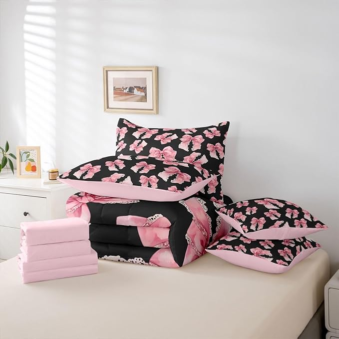 Erosebridal Black Pink Bow Girls Cute Y2K Full Comforter Set 7 Pieces | Bowknot Kawaii Bed in A Bag for Bedroom Lace Princess Bedding Set with Comforters Dreamy Room Decor