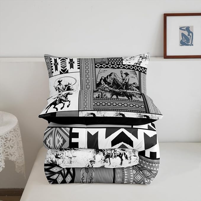 Feelyou Kids Grey Western Aztec Comforter Set King Size Horse Bedding Set for Boys Girls Teens Bedroom Decor Wild Cowboy Boho Boho Rustic Farmhouse Tribal Duvet Quilt Breathable Soft Lightweight 3Pcs
