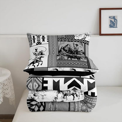 Feelyou Kids Grey Western Aztec Comforter Set Queen Size Horse Bedding Set for Boys Girls Teens Bedroom Decor Wild Cowboy Boho Boho Rustic Farmhouse Tribal Duvet Quilt Breathable Soft 3Pcs
