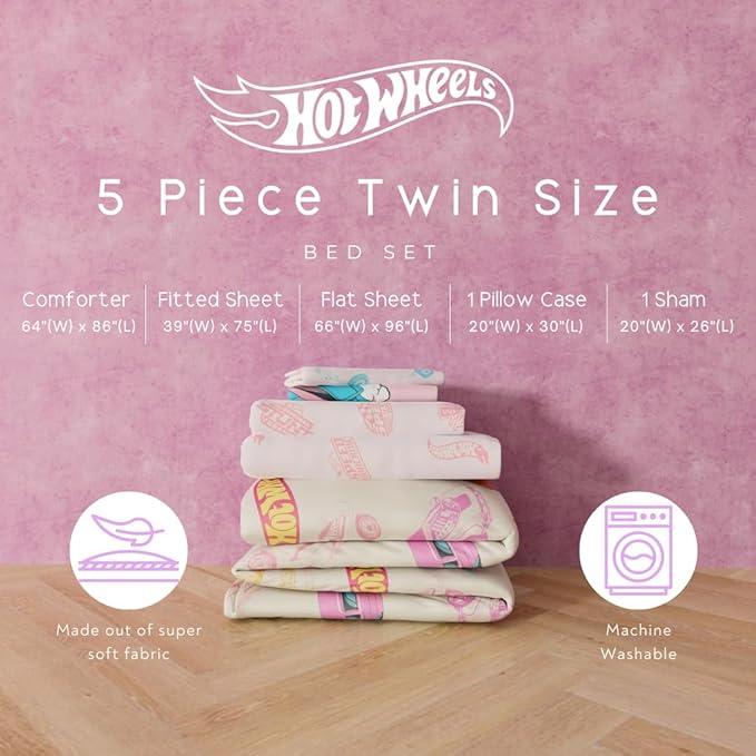 Hot Wheels Girls Kids Bedding Super Soft Comforter and Sheet Set with Sham, 5 Piece Twin Size, (Officially Licensed Product) by Franco