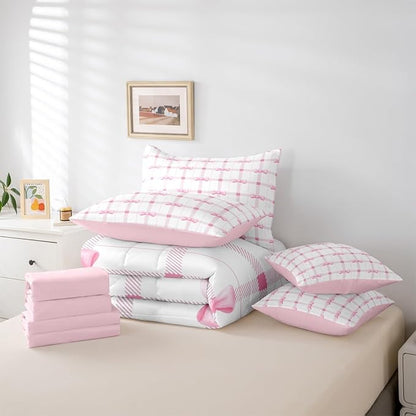 Erosebridal Pink Plaid Bowknot Kids Girly King 7-Piece Comforter Set | Princess Dreamy Cute Bow Sheets and Pillowcases Checkered Sweet White Bed in A Bag Teens Women Bed Sets