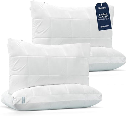 Nuzzle Cooling Adjustable Pillows for Side Sleepers, Luxury Queen Size Set of 4 Bed Pillows Hotel Collection - Best Adjust Height Soft Firm Pillows for Back, Stomach and Side Sleepers