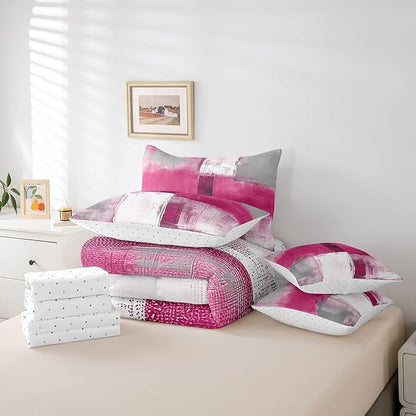 Erosebridal Pink White Grey Bedding King Size 7pcs Oil Painting Comforter Set, Tie Dye Bed in a Bag Ombre Bedding Comforter Sets with Flat Sheet, Fitted Sheet, Pillowcases, Throw Pillow Covers