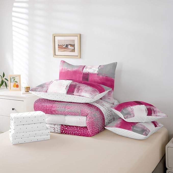 Erosebridal Pink White Grey Bedding Twin Size 7pcs Oil Painting Comforter Set, Tie Dye Bed in a Bag Ombre Bedding Comforter Sets with Flat Sheet, Fitted Sheet, Pillowcases, Throw Pillow Covers