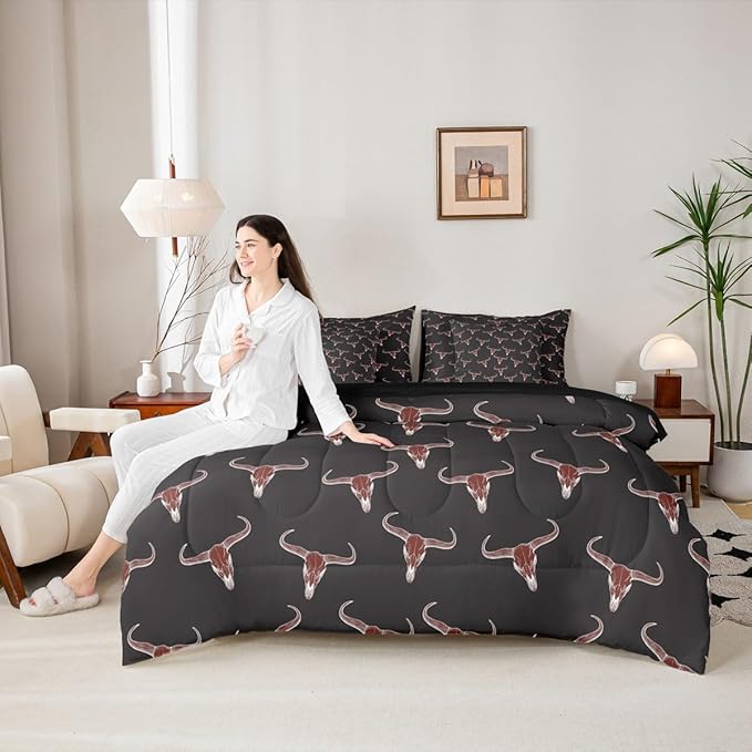 Erosebridal Bull Skull 7 Piece Comforter Set King Ethnic Bohemian Bedding for Men Boys | Tribal Steer Skull Wildlife Aztec Bedroom Decor Farmhouse Cabin Lodge Sheet Set with Comforter,Black Red