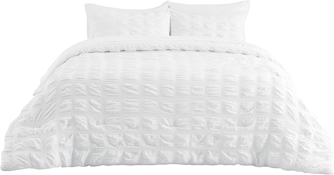 Bedsure Bed in a Bag Full - 7 Pieces Plaid Seersucker Bedding Comforter Sets, Soft Lightweight White Boho Bed Set with Comforters Full Size, Sheets, Pillowcases & Shams