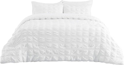 Bedsure Bed in a Bag Full - 7 Pieces Plaid Seersucker Bedding Comforter Sets, Soft Lightweight White Boho Bed Set with Comforters Full Size, Sheets, Pillowcases & Shams