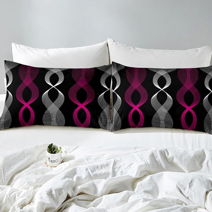 Erosebridal Girls Fuchsia and Black Abstract Full Bedding Set, Fuchsia Striped Comforter Set for Women Teens, Contemporary Boho Modern Art Comforter, Geometric Stripes Aesthetic Wavy Line Quilt