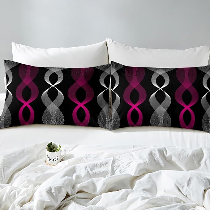 Erosebridal Girls Fuchsia and Black Abstract Twin Comforter Set, Fuchsia Striped Bedding Set for Women Teens, Contemporary Boho Modern Art Comforter, Geometric Stripes Aesthetic Wavy Line Quilt