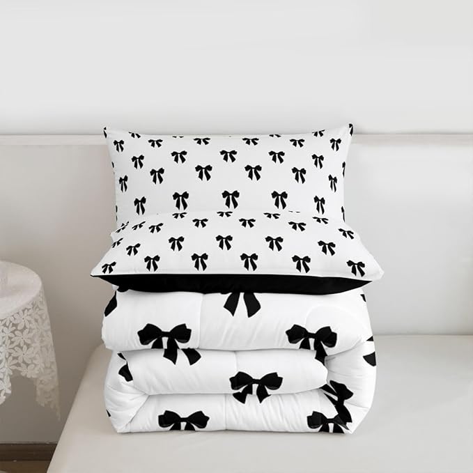 Erosebridal Black Bow Comforter Set Queen Size Coquette Bows Bedding Set for Kids Teen Girls Women Bedroom Cute Preppy Bowknot Comforter Modern Trendy Girly Aesthetic Quilt Duvet