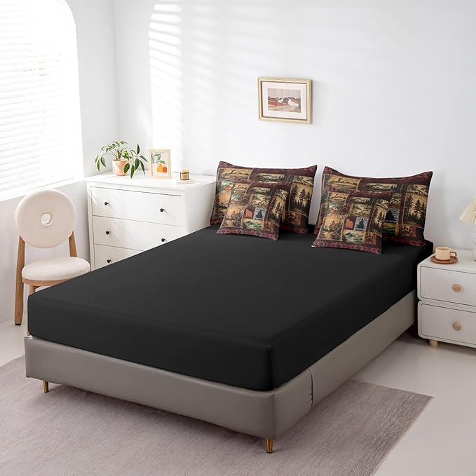 Erosebridal Patchwork Cabin Lodge Bedding Set King 7 Pcs,Bear Deer Hunting Bed in a Bag with Flat Fitted Sheet,Boho Exotic Comforter Set with Pillowcase and Sham,Woodland Animal Bed Sheets Set