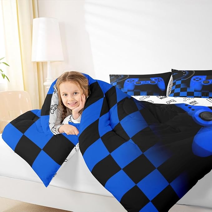 Erosebridal Gamer Bedding Set for Boys&Girls,Blue Buffalo Plaid Check Gaming Comforter Set King Size Gamer Room Decor Gift,Gamepad Alternative Duvet Insert,Gamer Quilt Set with 2 Pillowcases Soft