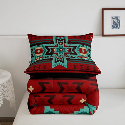 Western Comforter Set Queen Size,Southwest Tribal Bedding Set Retro Aztec Pattern Quilted Duvet 3pcs for Kids Girls Boys Women Room Decor,Brown Red and Cyan Stripes Duvet Insert,2 Pillowcases