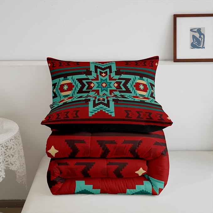 Western Comforter Set Twin Size,Southwest Tribal Bedding Set Retro Aztec Pattern Quilted Duvet 2pcs for Kids Girls Boys Women Room Decor,Brown Red and Cyan Stripes Duvet Insert,1 Pillowcase