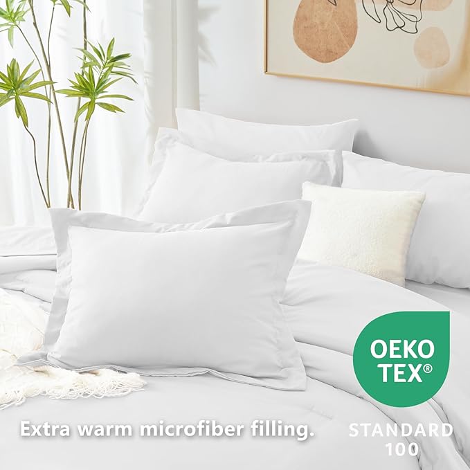 CozyLux King Comforter Set White, 7 Pieces Bed in a Bag Soft Bedding Comforter Set with Sheets, All Season Boho 7PC Bed Sets with Comforter, Fitted Sheets, Flat Sheets, Pillow Shams and Pillowcases
