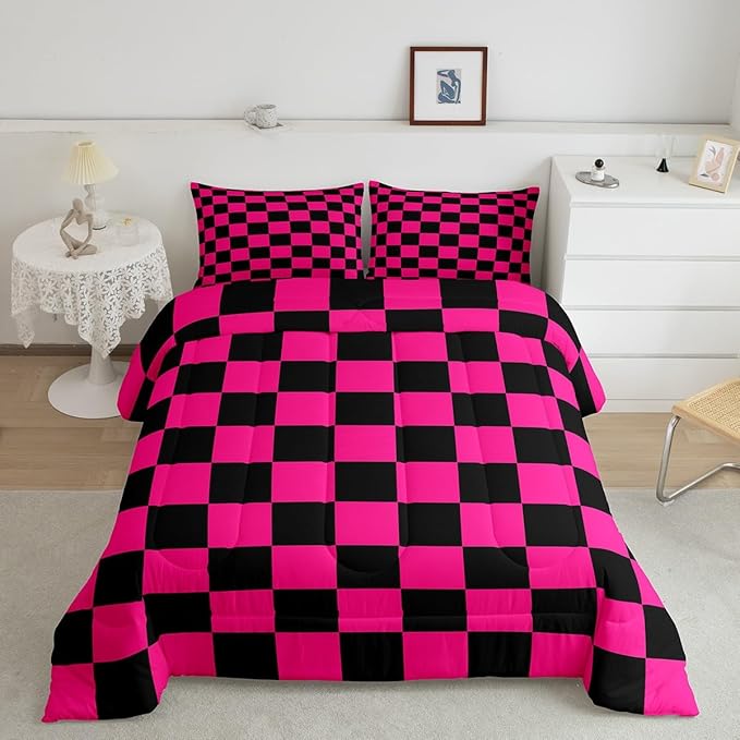Feelyou Checkered Bedding Set Teen Women Men Dark Red Black Plaid Comforter Set Queen Size Kids Boys Girls Cute Retro Neutral Checkerboard Geometric Duvet Insert Vintage Aesthetic Room Decor