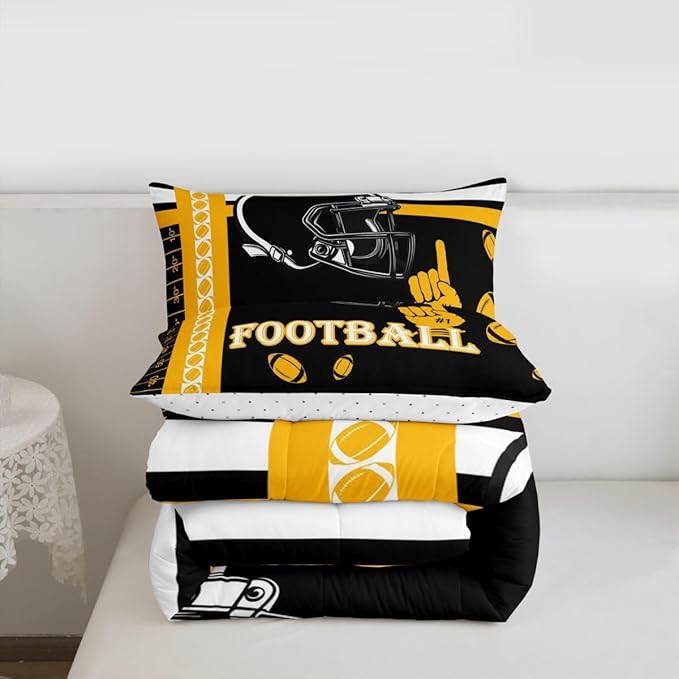Feelyou Football Bedding Set Boys Girls Toddler Size Women Men Rugby Sports Comforter Football City Duvet Quilt Black Yellow Room Decor