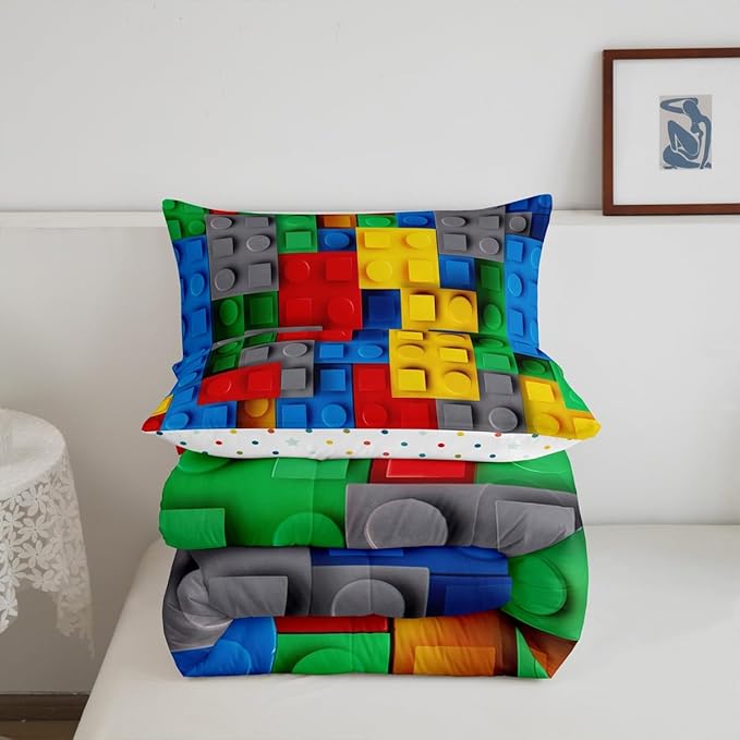 Erosebridal Construction Twin Comforter Set for Boys,Colorful Bedding Set 3D Building Blocks Quilt,Kids Brick Duvet Insert Rainbow Gradient Room Decor for Teen Girls,Red Yellow Green Blue Grey