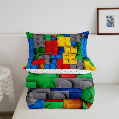 Erosebridal Construction Queen Comforter Set Colorful Bedding Set 3D Building Blocks Quilt,Kids Boys Bricks Duvet Insert Rainbow Gradient Room Decor for Teen Girls,Red Yellow Green Blue Grey