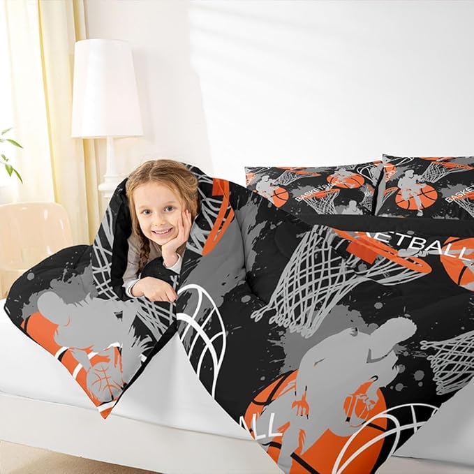 Erosebridal Boys Basketball Bedding Set Queen, Orange, 3D Basketball Quilt Set with 2 Pillowcases, Lightweight