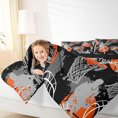 Erosebridal Sports Comforter Sets for Kids Boys Teens,King Size Black Basketball Bedding Set,3D Basketball Player Comforter Duvet Set,Ball Game Printed Quilt Set with 2 Pillowcases Warm