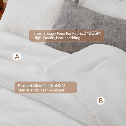 BEDELITE Faux Fur Fleece Queen Comforter Set - Fluffy & Warm White Comforter Queen Size，Ultra Soft and Cozy Winter Bedding Set,Fuzzy Thick Bed Set,1 Comforter and 2 Pillowcases