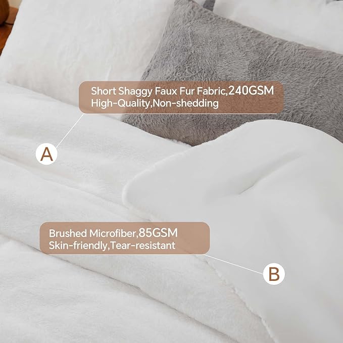BEDELITE Faux Fur Fleece King Comforter Set - Fluffy & Warm White Comforter King Size，Ultra Soft and Cozy Winter Bedding Set,Fuzzy Thick Bed Set,1 Comforter and 2 Pillowcases
