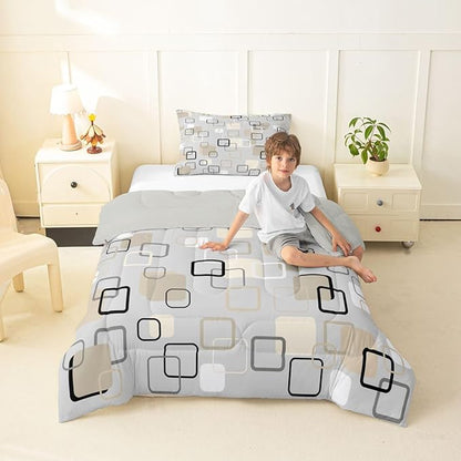 Erosebridal Minimalist Geometric Square Bedding Set Twin Mid-Century Plaid Comforter Set for Kids Girls Boys Neutral Gray Beige Abstract Down Comforter Modern Checkered Quilt Duvet