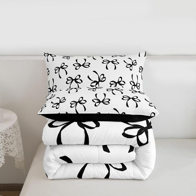 Erosebridal Bowknot Comforter Set Full Black Watercolor Bow Bedding Set for Kids Teen Adults,Fashion Coquette Bowknot Down Comforter Black White Modern Simple Quilt for All Season