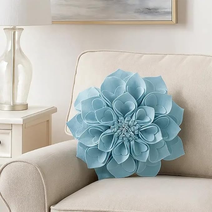 Fennco Styles Handmade 3D Heart-Shaped Petals Flower Decorative Filled Throw Pillow 13" Round - Aqua Floral Pillow for Couch, Home Décor and Holiday, Housewarming Gift