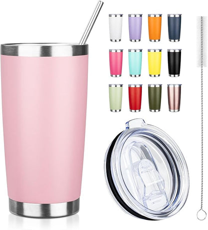 20oz Tumbler with Straw and Brush, Stainless Steel Vacuum Insulated tumbler, Double Wall Insulated Coffee Tumbler for Outdoor, Home, Travel,Office (Light Pink,1pcs)