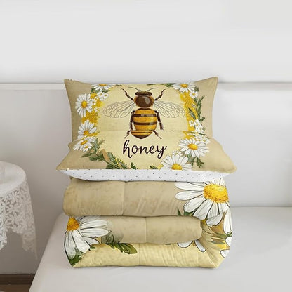 Erosebridal Kawaii Honey Bee Bedding Set Queen Cute Geometric Honeycomb Comforter Set Farm Rustic Daisy Floral Comforter for Kids Girls Teen Women,Soft Lightweight Quilt Duvet with 2 Pillow Cases