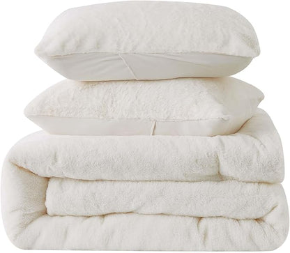 BEDELITE Faux Fur Fleece Queen Comforter Set - Fluffy & Warm Cream White Comforter Queen Size，Ultra Soft and Cozy Winter Bedding Set,Fuzzy Thick Bed Set,1 Comforter and 2 Pillowcases