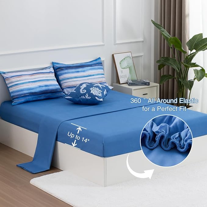 Holawakaka Beach Stripe Bedding Sets 6 Pieces, Blue Coastal Striped Comforter Set Twin Size All Season Geometric Bed Set, Nautical Bed in a Bag with Comforter, Sheets and Shams