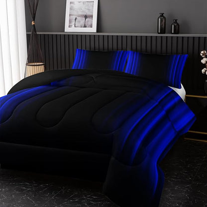 Blue and Black Bedding Set Queen Size Abstract Ombre Comforter Set for Teen Boys, Mordern Bedding Set 3 Piece in A Bag,Dark Quilt Set Mordern Art Decor Lightweight All Seasons with Pillowcases