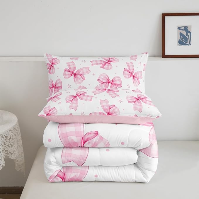 Feelyou Cute Bowknot Comforter Set King Size Plaid Bow Bedding Set Pink Girls Bow Comforter Kawaii Duvet Set Lovely Quilt Set 3Pcs
