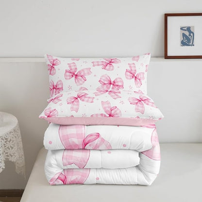 Feelyou Cute Bowknot Comforter Set Twin Size Plaid Bow Bedding Set Pink Girls Bow Comforter Kawaii Duvet Lovely Quilt 2Pcs