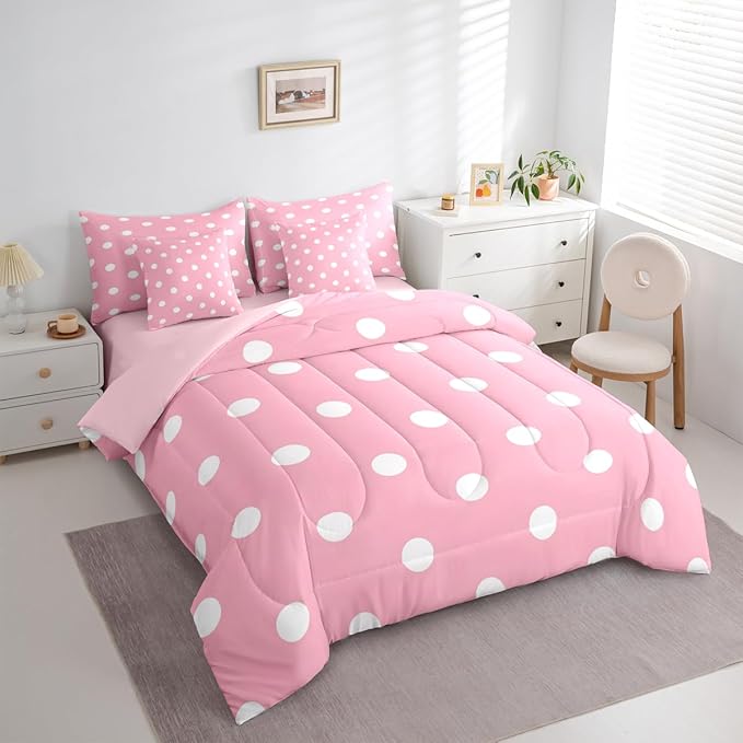 Feelyou Polka Dot 7 Piece Bedding Set Pink White Comforter Set with Sheets for Kids Boys Girls Geometric Plaid Bed in a Bag Modern Cute Bed Set Soft Lightweight