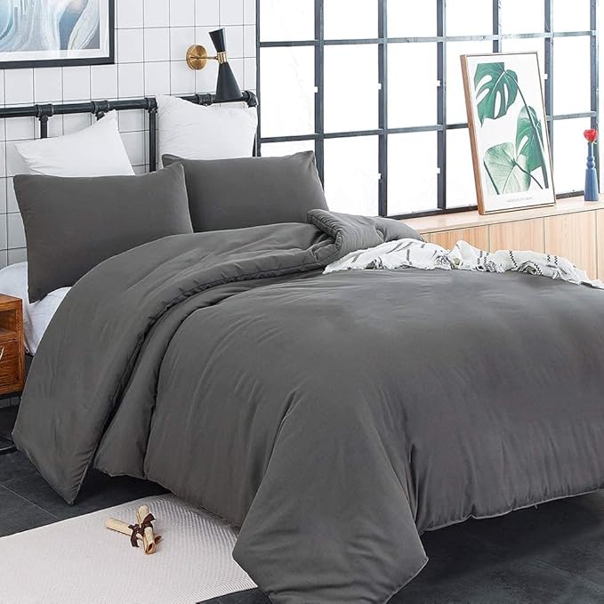 KAREVER Deep Grey Comforter Set Full Dark Gray Beddig Set for Kids Teens Adult Solid Gray Color Bedding Set 3 Pieces with 2 Pollowcases Lightweight Durable Gray Full Blanket Quilts Set