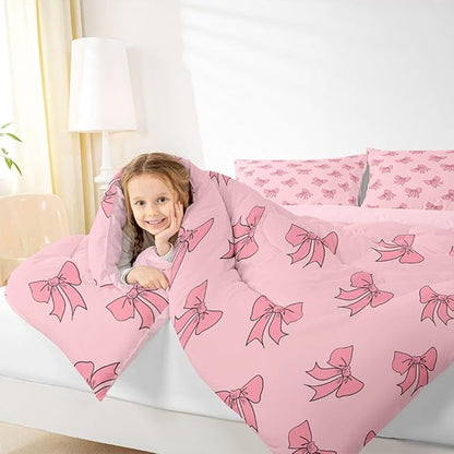 Erosebridal Kids Pink Bow Bedding Set Full Princess Bows Comforter Set Kawaii Preppy Bowknot Comforter for Girls Women Coquette Room Decor Modern Trendy Girly Aesthetic Quilt Duvet