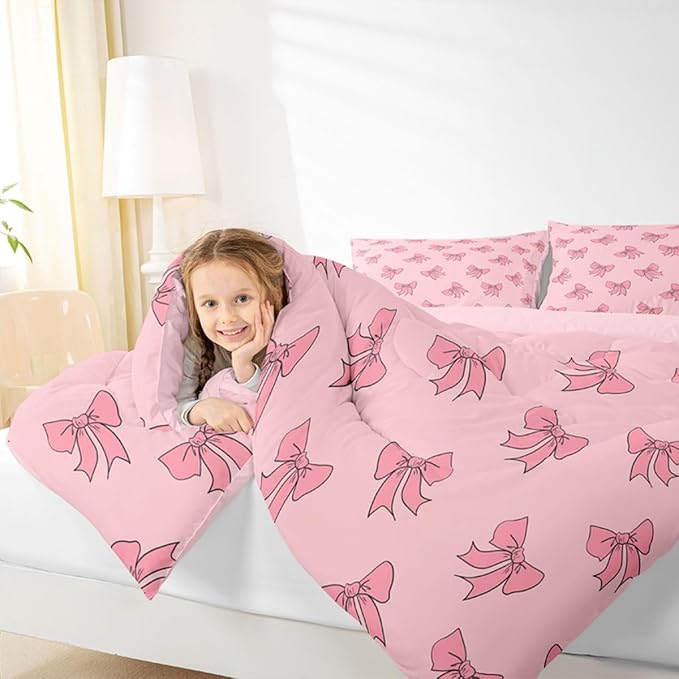 Erosebridal Kids Pink Bow Bedding Set Toddler Princess Bows Comforter Set Kawaii Preppy Bowknot Comforter for Girls Women Coquette Room Decor Modern Trendy Girly Aesthetic Quilt Duvet
