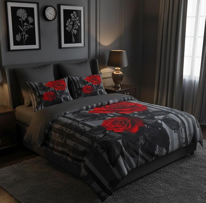 Grey Stripe Comforter Black Red Roses Bedding Set Queen Size for Women Romantic Botanical Leaves Quilted Comforter for Bedroom Decor - 3Piece Soft Fluffy Microfiber with 2 Pillowcases
