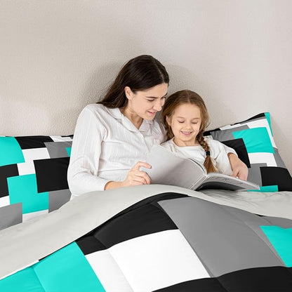 Castle Fairy Teal Black Grey Comforter Set King Size,Abstract Geometric Grid Down Alternative Adults Bedroom Decor,Modern Square Splicing Ultra Soft Microfiber Inner Fill 3Pcs Bedding