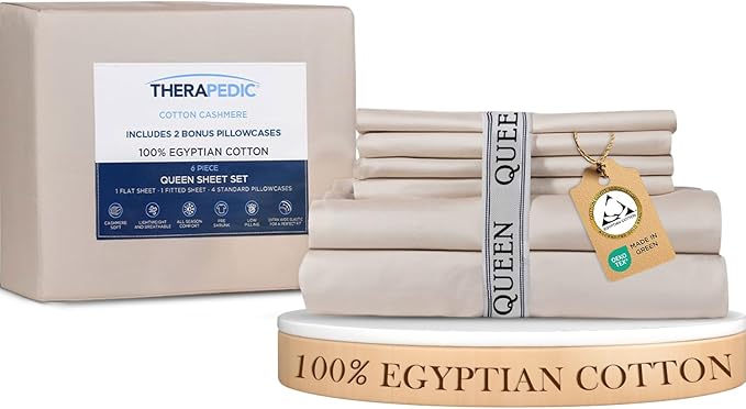 Therapedic 100% Egyptian Cotton Queen 6-Piece Sheet Set – Naturally Cooling & Breathable Sateen, Preshrunk Garment Wash, 16" Deep Pocket Fitted Sheet, Bonus Pillowcases, Soft & Durable - Fog